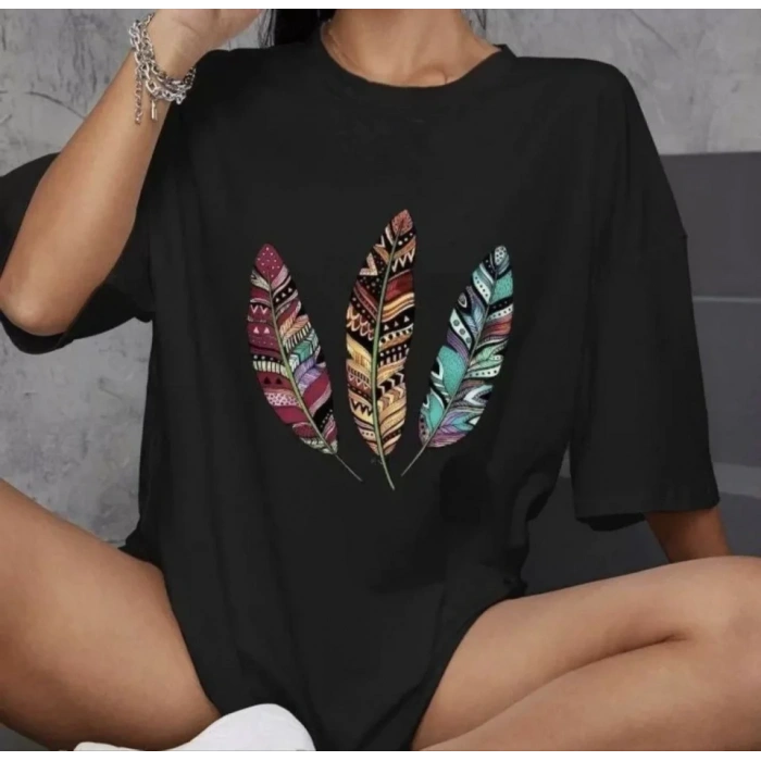 Biçomi Unisex Bisiklet Yaka Baskılı Oversize T-Shirt - Siyah