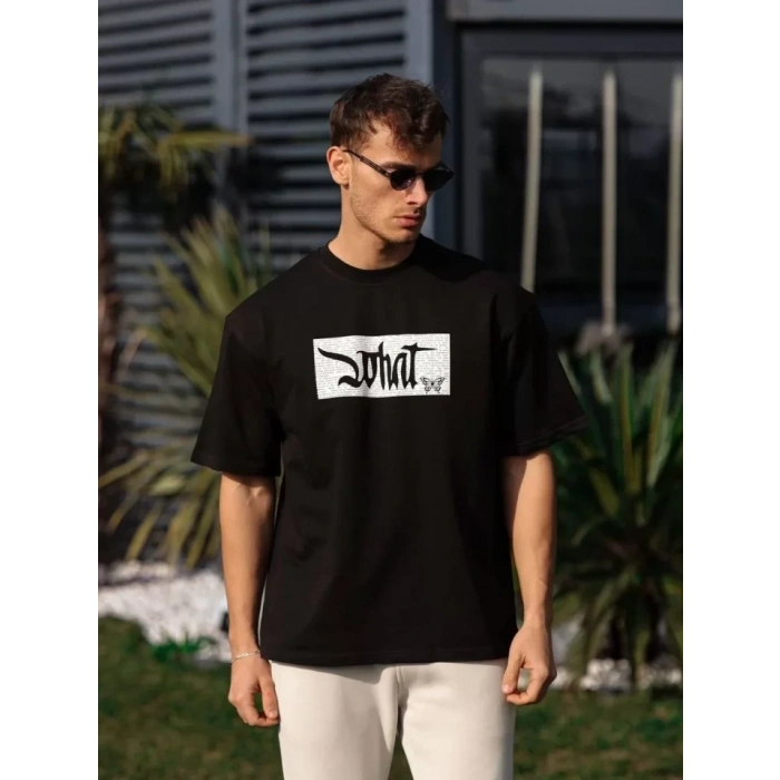 Biçomi Unisex Bisiklet Yaka Baskılı Oversize T-Shirt - Siyah