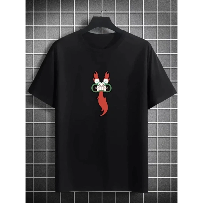 Biçomi Unisex Bisiklet Yaka Baskılı Oversize T-Shirt - Siyah
