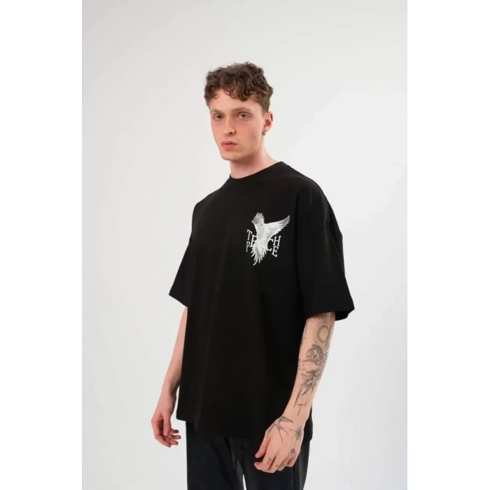 Biçomi Unisex Bisiklet Yaka Baskılı Oversize T-Shirt - Siyah