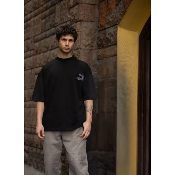 Biçomi Unisex Bisiklet Yaka Baskılı Oversize T-Shirt - Siyah