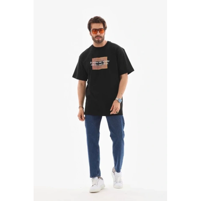 Biçomi Unisex Bisiklet Yaka Baskılı Oversize T-Shirt - Siyah