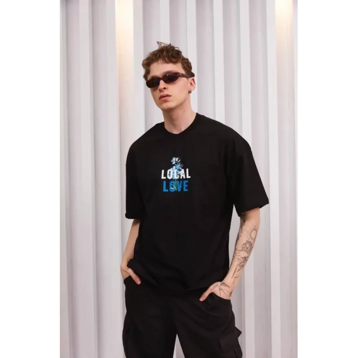 Biçomi Unisex Bisiklet Yaka Baskılı Oversize T-Shirt - Siyah