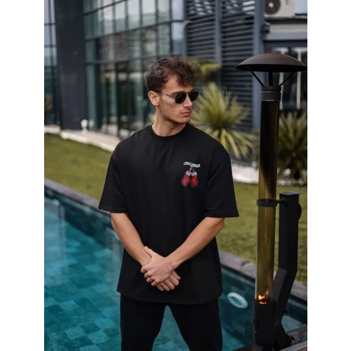 Biçomi Unisex Bisiklet Yaka Baskılı Oversize T-Shirt - Siyah