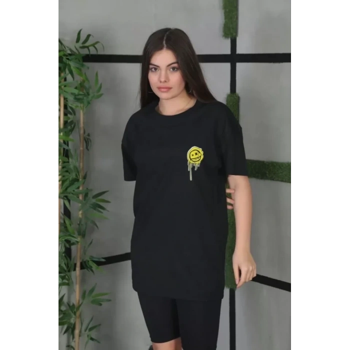 Biçomi Unisex Bisiklet Yaka Baskılı Oversize T-Shirt - Siyah