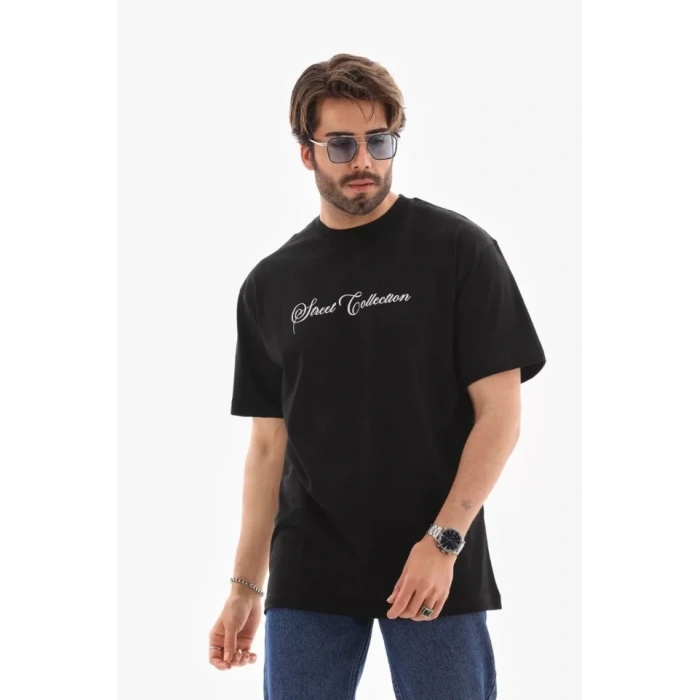 Biçomi Unisex Bisiklet Yaka Baskılı Oversize T-Shirt - Siyah