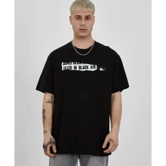 Biçomi Unisex Bisiklet Yaka Baskılı Oversize T-Shirt - Siyah