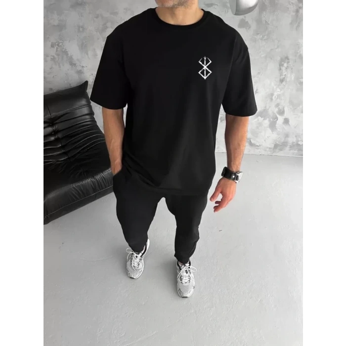 Biçomi Unisex Bisiklet Yaka Baskılı Oversize T-Shirt - Siyah