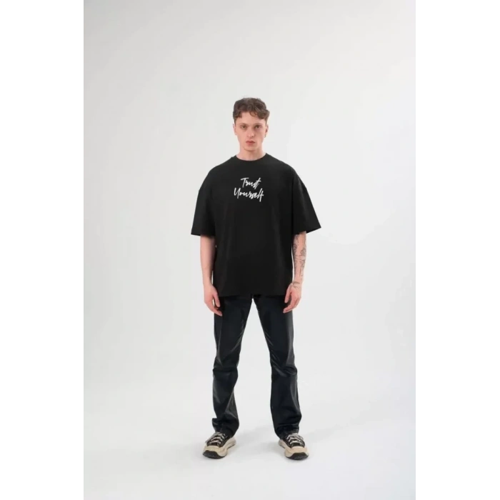 Biçomi Unisex Bisiklet Yaka Baskılı Oversize T-Shirt - Siyah