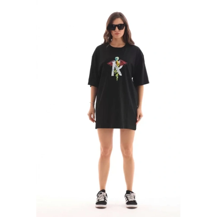 Biçomi Unisex Bisiklet Yaka Baskılı Oversize T-Shirt - Siyah