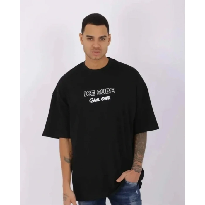 Biçomi Unisex Bisiklet Yaka Baskılı Oversize T-Shirt - Siyah