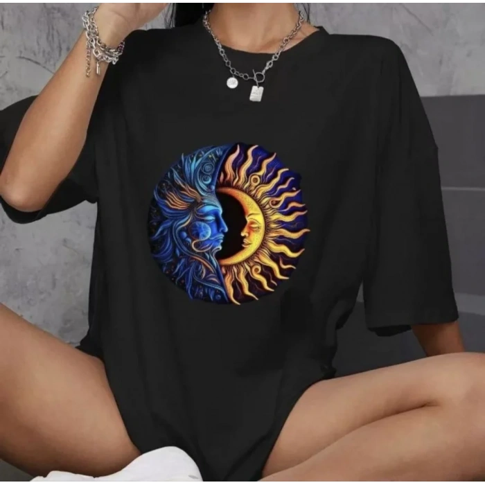 Biçomi Unisex Bisiklet Yaka Baskılı Oversize T-Shirt - Siyah
