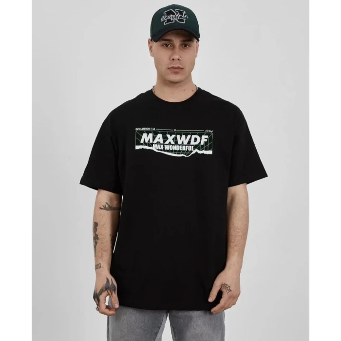 Biçomi Unisex Bisiklet Yaka Baskılı Oversize T-Shirt - Siyah