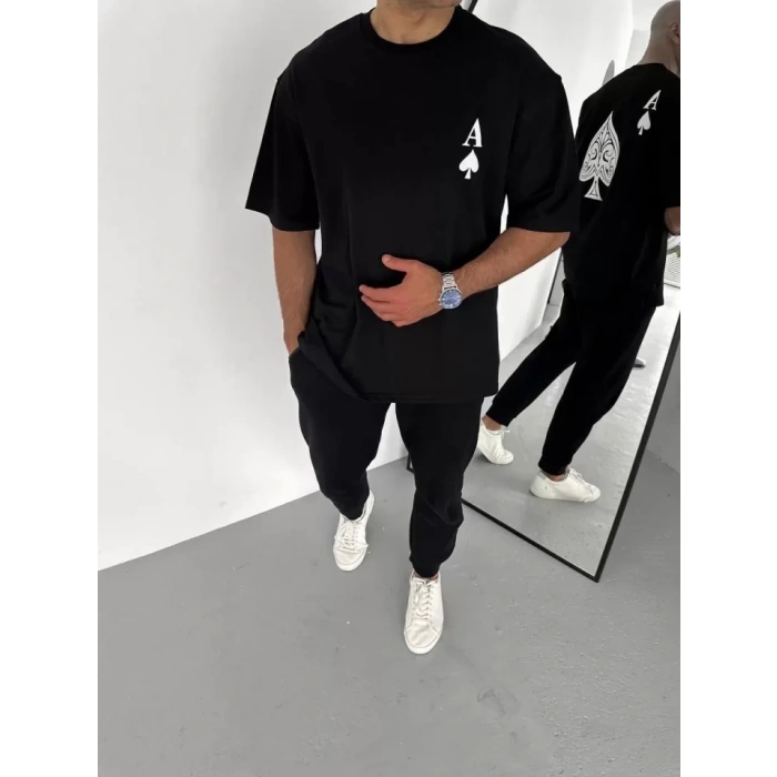Biçomi Unisex Bisiklet Yaka Baskılı Oversize T-Shirt - Siyah