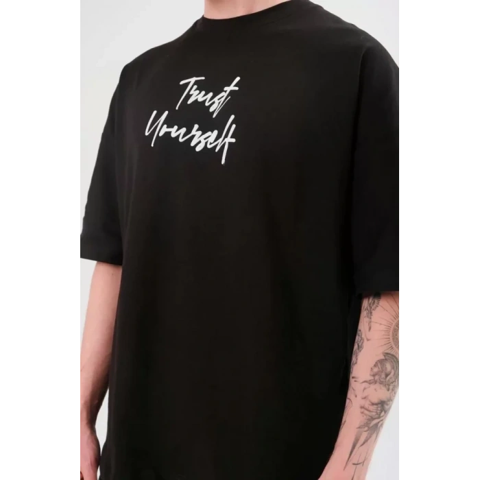 Biçomi Unisex Bisiklet Yaka Baskılı Oversize T-Shirt - Siyah