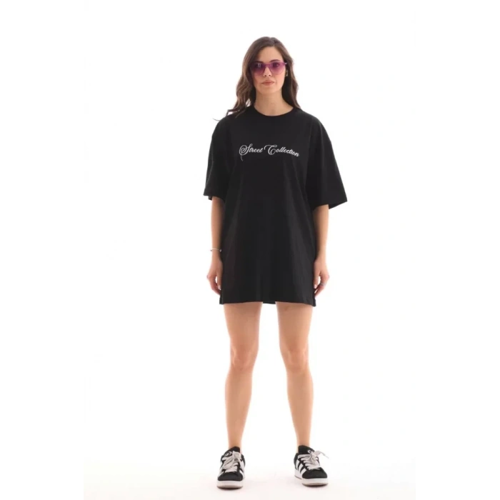 Biçomi Unisex Bisiklet Yaka Baskılı Oversize T-Shirt - Siyah