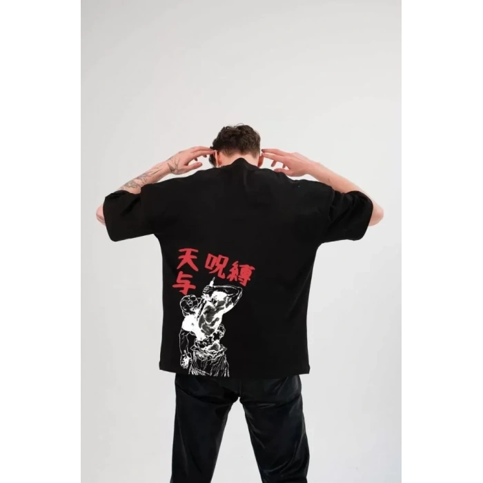 Biçomi Unisex Bisiklet Yaka Baskılı Oversize T-Shirt - Siyah