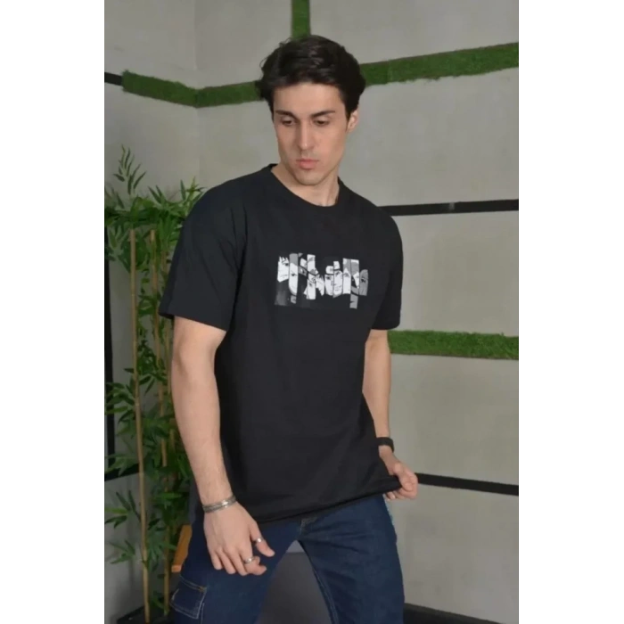 Biçomi Unisex Bisiklet Yaka Baskılı Oversize T-Shirt - Siyah