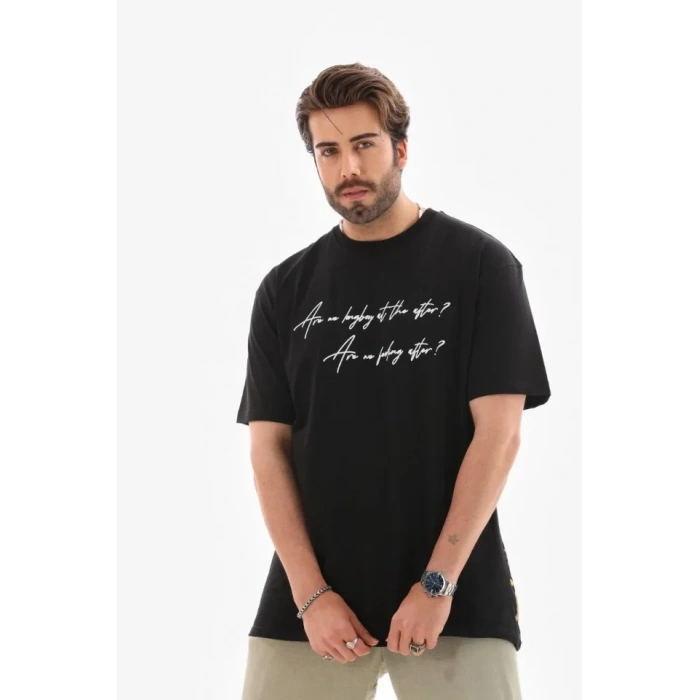 Biçomi Unisex Bisiklet Yaka Baskılı Oversize T-Shirt - Siyah