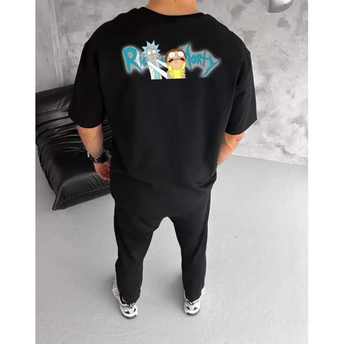 Biçomi Unisex Bisiklet Yaka Baskılı Oversize T-Shirt - Siyah