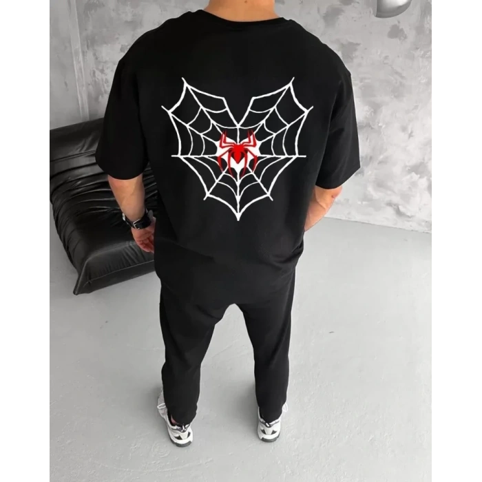 Biçomi Unisex Bisiklet Yaka Baskılı Oversize T-Shirt - Siyah