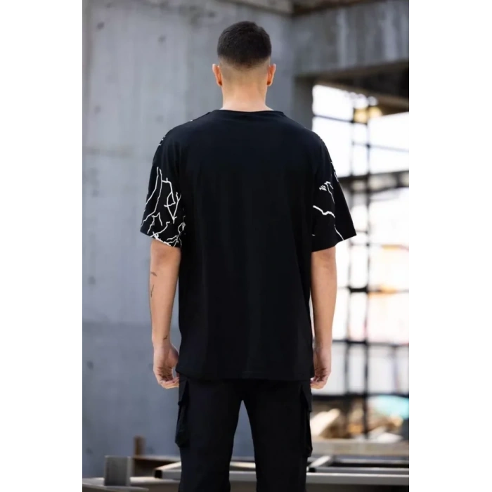 Biçomi Unisex Bisiklet Yaka Baskılı Oversize T-Shirt - Siyah