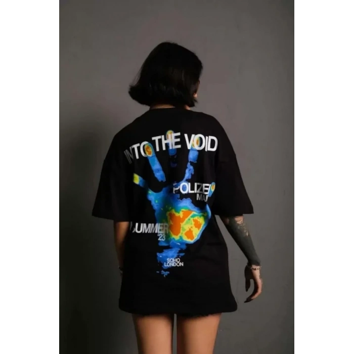 Biçomi Unisex Bisiklet Yaka Baskılı Oversize T-Shirt - Siyah