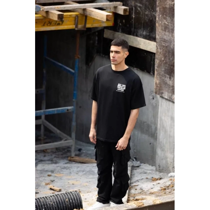 Biçomi Unisex Bisiklet Yaka Baskılı Oversize T-Shirt - Siyah