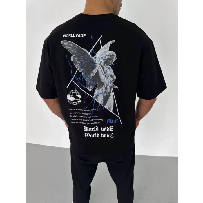 Biçomi Unisex Bisiklet Yaka Baskılı Oversize T-Shirt - Siyah