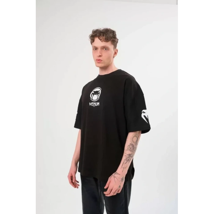 Biçomi Unisex Bisiklet Yaka Baskılı Oversize T-Shirt - Siyah