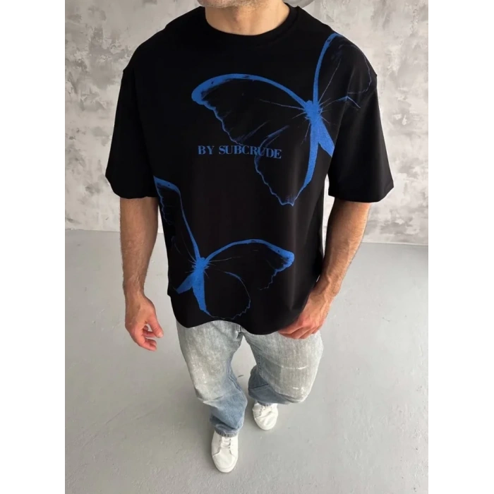 Biçomi Unisex Bisiklet Yaka Baskılı Oversize T-Shirt - Siyah