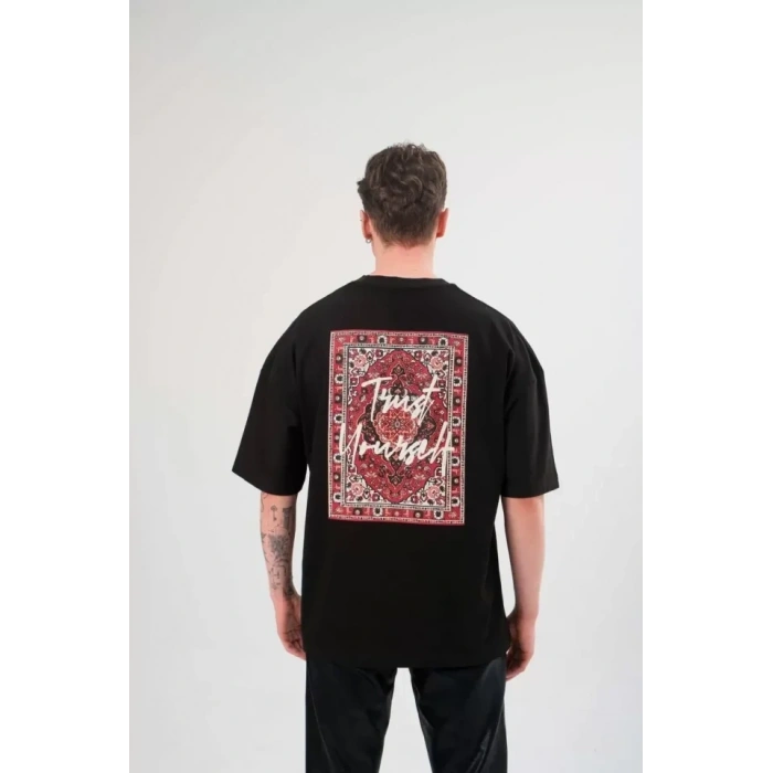 Biçomi Unisex Bisiklet Yaka Baskılı Oversize T-Shirt - Siyah
