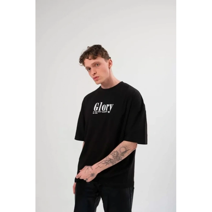 Biçomi Unisex Bisiklet Yaka Baskılı Oversize T-Shirt - Siyah
