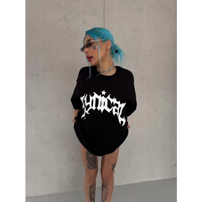 Biçomi Unisex Bisiklet Yaka Baskılı Oversize T-Shirt - Siyah
