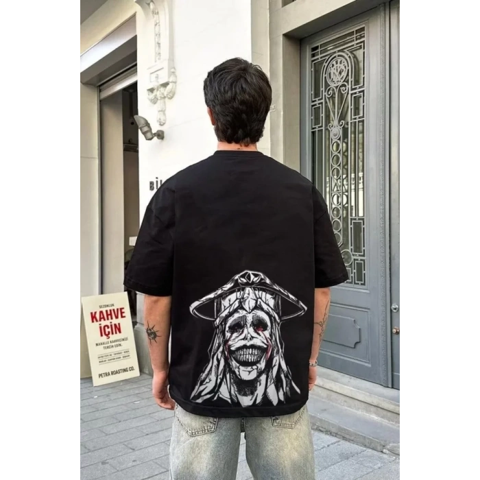 Biçomi Unisex Bisiklet Yaka Baskılı Oversize T-Shirt - Siyah