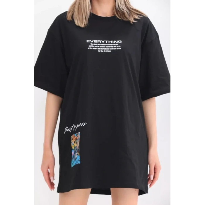 Biçomi Unisex Bisiklet Yaka Baskılı Oversize T-Shirt - Siyah