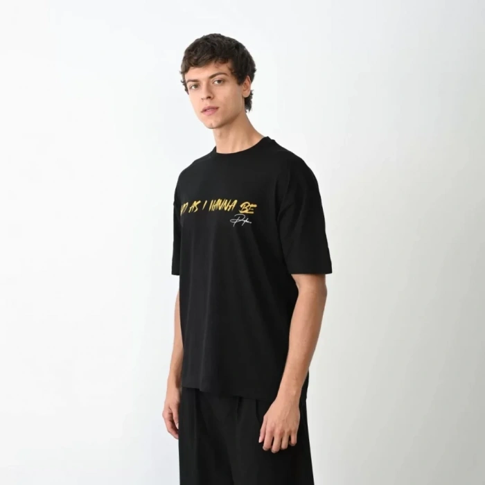Biçomi Unisex Bisiklet Yaka Baskılı Oversize T-Shirt - Siyah