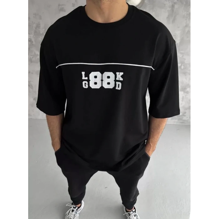 Biçomi Unisex Bisiklet Yaka Baskılı Oversize T-Shirt - Siyah