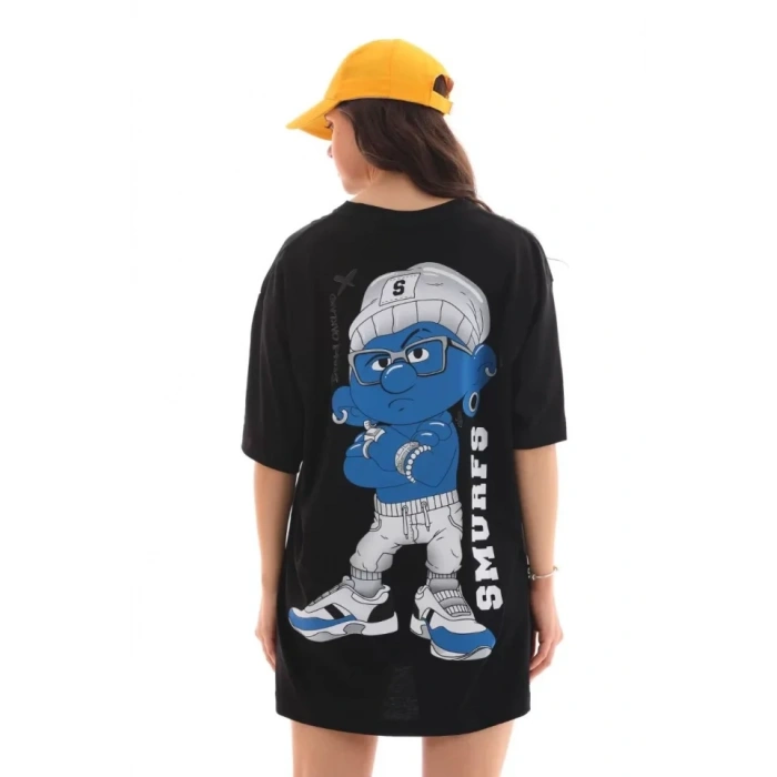 Biçomi Unisex Bisiklet Yaka Baskılı Oversize T-Shirt - Siyah