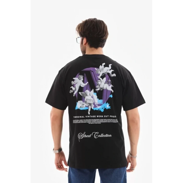 Biçomi Unisex Bisiklet Yaka Baskılı Oversize T-Shirt - Siyah