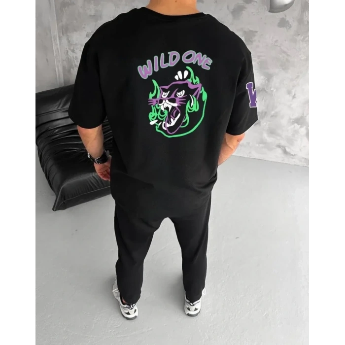 Biçomi Unisex Bisiklet Yaka Baskılı Oversize T-Shirt - Siyah