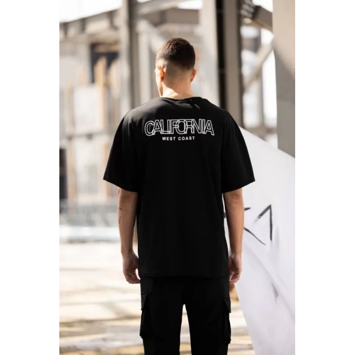 Biçomi Unisex Bisiklet Yaka Baskılı Oversize T-Shirt - Siyah