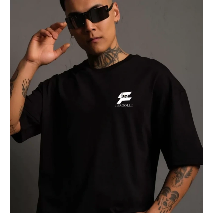Biçomi Unisex Bisiklet Yaka Baskılı Oversize T-Shirt - Siyah