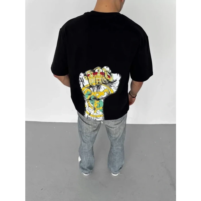Biçomi Unisex Bisiklet Yaka Baskılı Oversize T-Shirt - Siyah