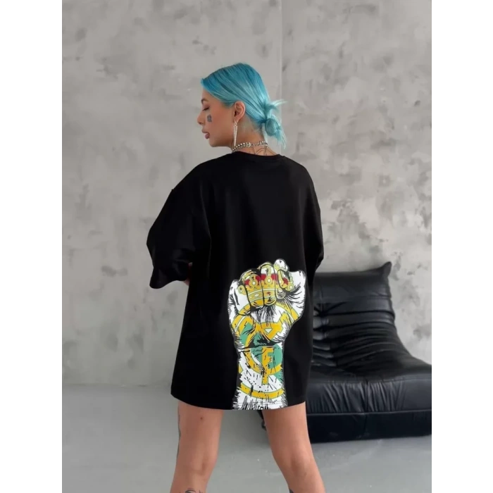 Biçomi Unisex Bisiklet Yaka Baskılı Oversize T-Shirt - Siyah