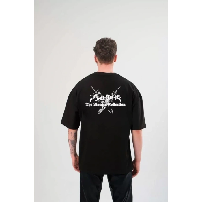 Biçomi Unisex Bisiklet Yaka Baskılı Oversize T-Shirt - Siyah