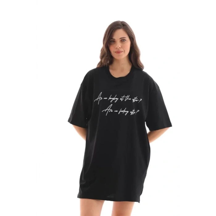 Biçomi Unisex Bisiklet Yaka Baskılı Oversize T-Shirt - Siyah