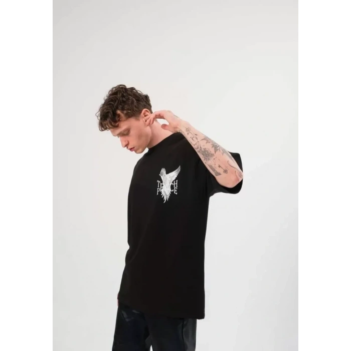 Biçomi Unisex Bisiklet Yaka Baskılı Oversize T-Shirt - Siyah
