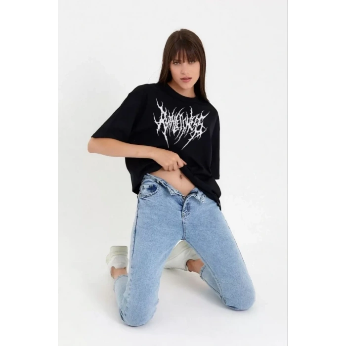 Biçomi Unisex Bisiklet Yaka Baskılı Oversize T-Shirt - Siyah