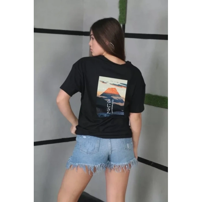 Biçomi Unisex Bisiklet Yaka Baskılı Oversize T-Shirt - Siyah